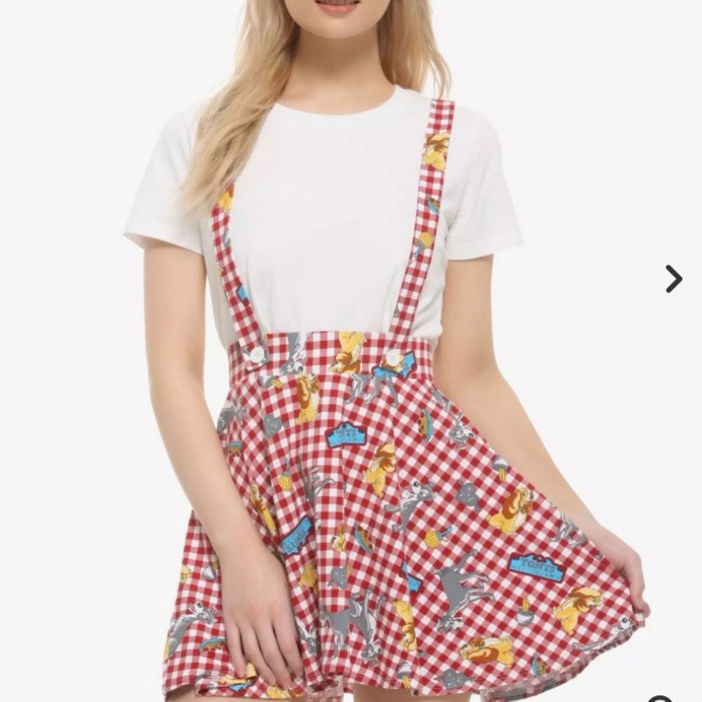 Disney plus size 5 lady and the Tramp red Gingham Suspender Skirt EUC HOT TOPIC